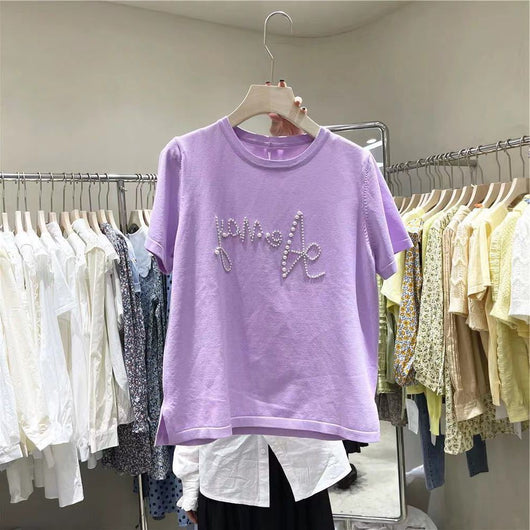 Camiseta Suelta Cuello Redondo con Perlas y Letras Estampadas - Image 10
