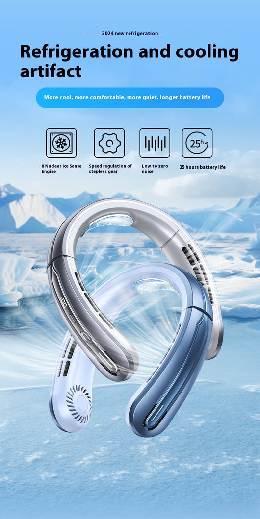 Ocean blue portable neck fan with digital display, showing 100 fan speed, designed for outdoor sports and personal cooling. - Image 21