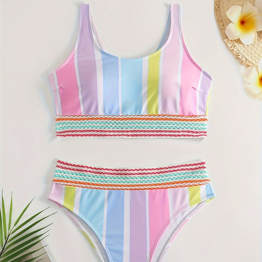 Women's pastel rainbow striped bikini with a sports top and high-waisted bottom, featuring decorative trim.