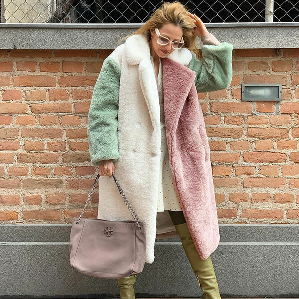 Abrigo de Piel de Conejo con Combinación de Colores para Mujer