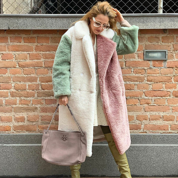 Abrigo de Piel de Conejo con Combinación de Colores para Mujer