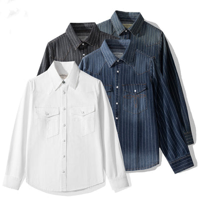 Camisa Denim a Rayas con Efecto Vintage Desgastado