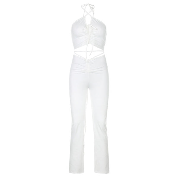 Conjunto Bandage Streetwear Azul Años 2000 - Top Halter y Pantalón Acampanado Cintura Alta