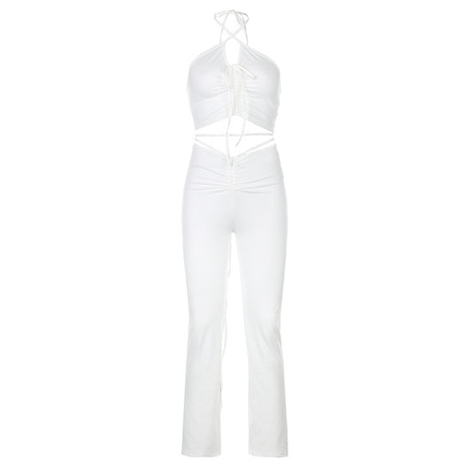 Conjunto Bandage Streetwear Azul Años 2000 - Top Halter y Pantalón Acampanado Cintura Alta - Image 2