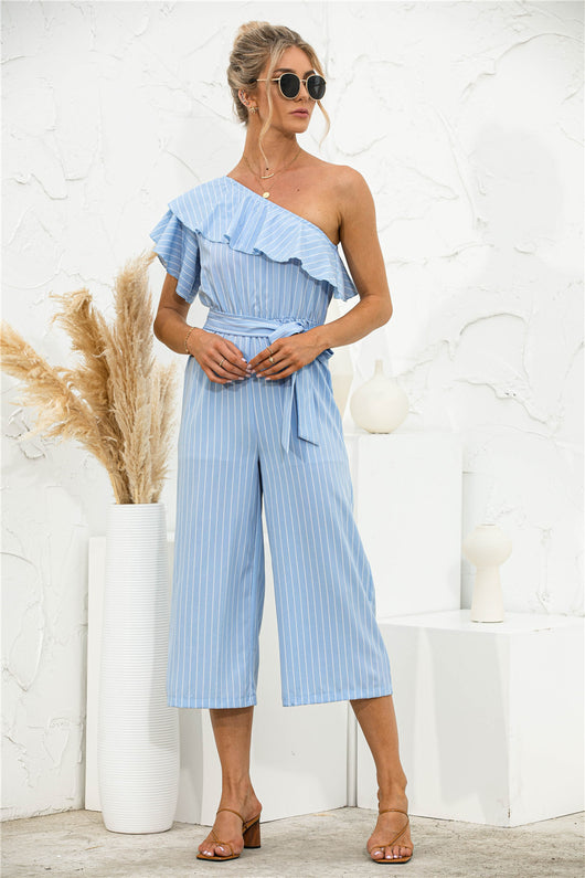 Jumpsuit de Verano para Mujer con Hombro Descubierto y Volantes a Rayas - Image 4