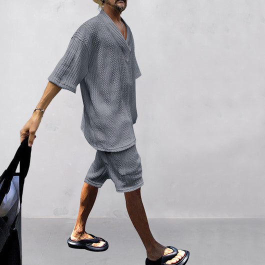 Conjunto de 2 Piezas Hombre: Playera Jacquard Cuello V Manga Corta + Shorts con Bolsillos - Image 14