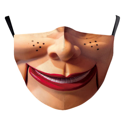 Green and yellow digital print Halloween dust mask with a grotesque, tree-like face design and black ear loops. - Image 24