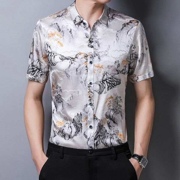 Camisa de Seda Satinada Estilo Chino Manga Corta