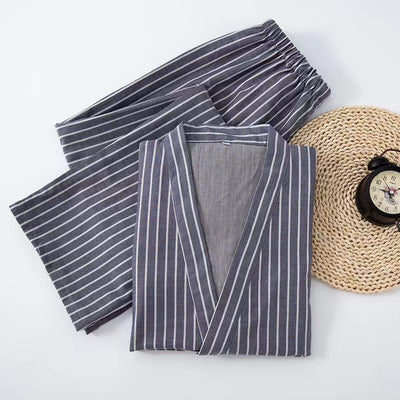 Pijama Doble Capa de Algodón a Rayas con Cordones Estilo Japonés - Image 10