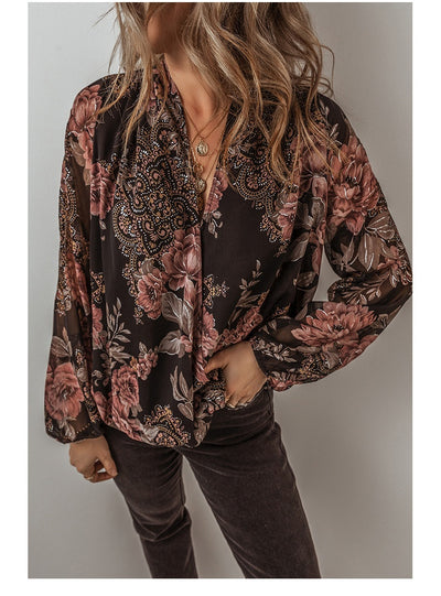 Blusa Floral de Chifón con Escote en V y Mangas Largas para Mujer - Image 7