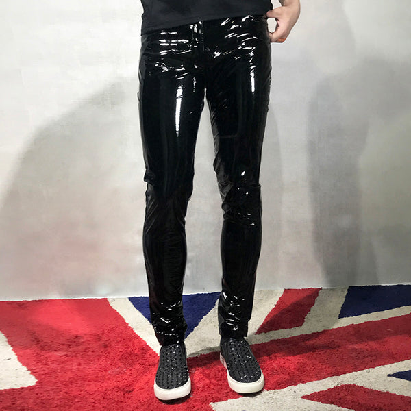 Pantalones de Cuero PU Ajustados con Espejo Brillante Negro G-Dragon