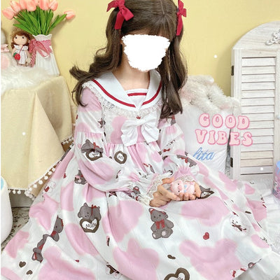 Vestido Milk Bear Cuello Marinero Manga Larga Azul Marino - Image 11