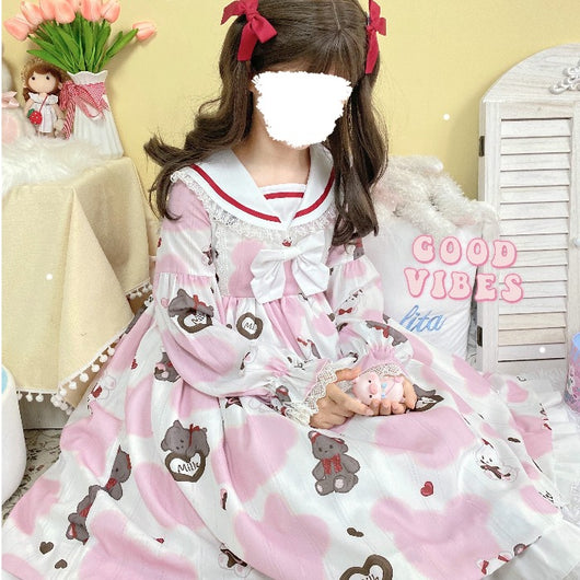 Vestido Milk Bear Cuello Marinero Manga Larga Azul Marino - Image 11