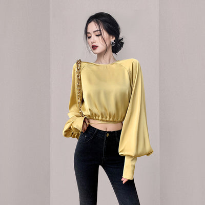 Blusa Cropped de Cuello Redondo con Manga Globo y Botones Simples - Image 5