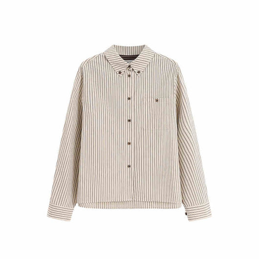 Camisa Clásica Retro Americana con Cuello Solapa y Rayas Bordadas para Mujer - Image 5