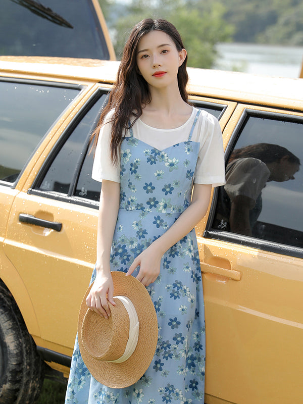 Vestido Floral Elegante Dos Capas con Cintura Ajustada