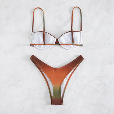 Gradient brown, orange, and green two-piece bikini swimsuit with a bandeau top and high-cut thong bottom. - Image 17