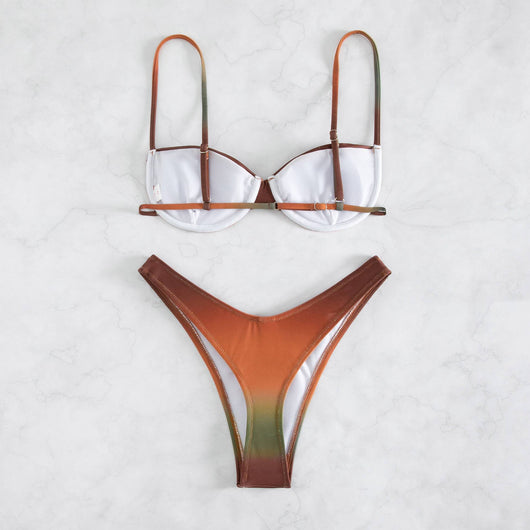 Gradient brown, orange, and green two-piece bikini swimsuit with a bandeau top and high-cut thong bottom. - Image 17