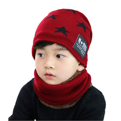 Brown knitted beanie with white five-pointed stars and a matching fleece-lined neck warmer on a man. - Image 14