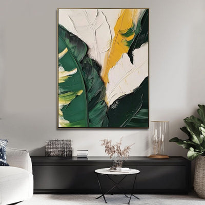 Cuadro Óleo Pintado a Mano con Hojas de Plátano y Plantas Verdes para Decoración del Hogar - Image 2