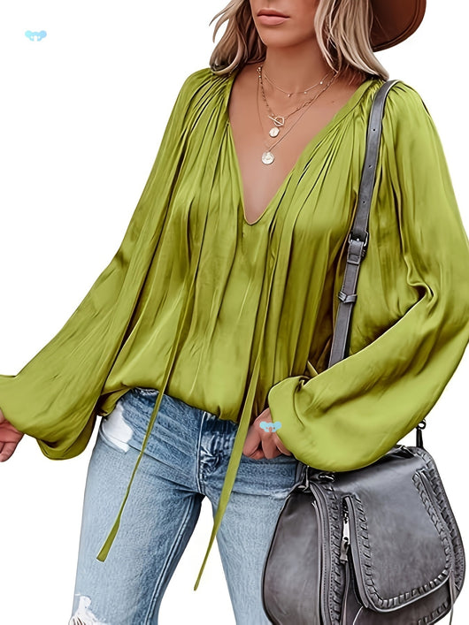 Blusa de Satén con Cuello en V y Mangas Largas para Mujer - Image 29