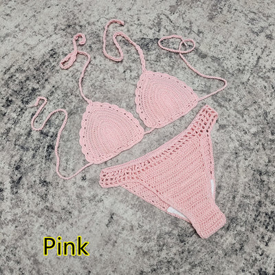 White 3-piece handmade crochet bikini set with triangle top, high-cut bottoms, and fringed mesh beach skirt. - Image 12