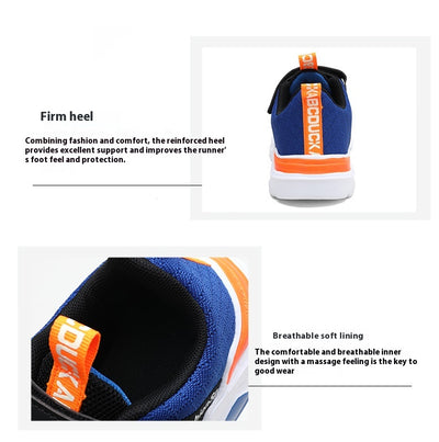 Boy's black and blue sports shoes with orange accents, mesh upper, white sole, blue laces, and a Velcro strap. - Image 10