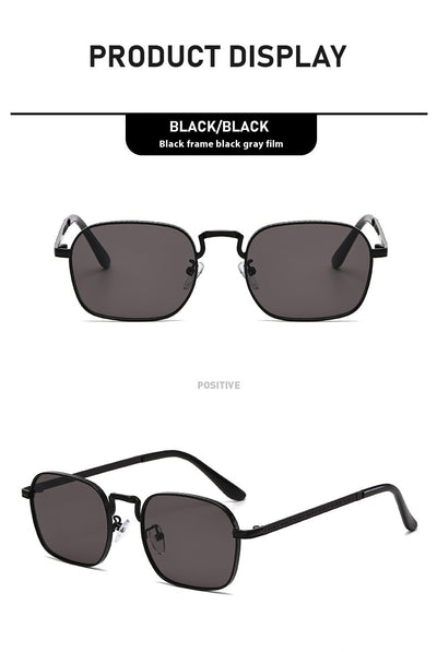 Gold frame square-oval sunglasses with gradient black and grey lenses and black temple tips on a white background. - Image 17