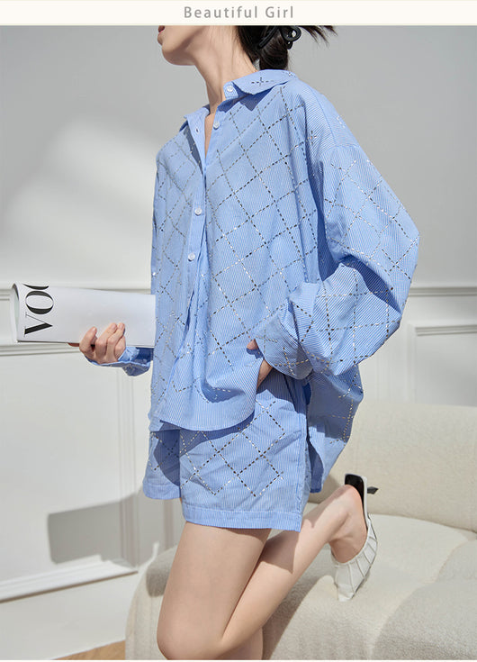 Conjunto Casual de Blusa y Shorts Azul para Mujer - Image 17