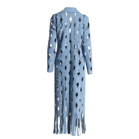 Cardigan Denim Largo con Diseño Hueco y Borlas Retorcidas para Mujer - Image 6