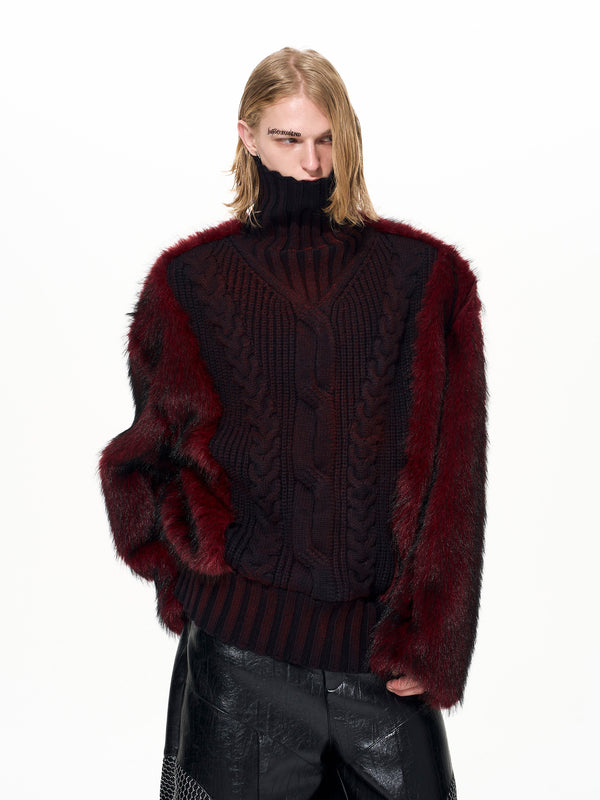 Suéter Cuello Alto Estampado Leopardo con Paneles de Pelaje Lujo para Hombre