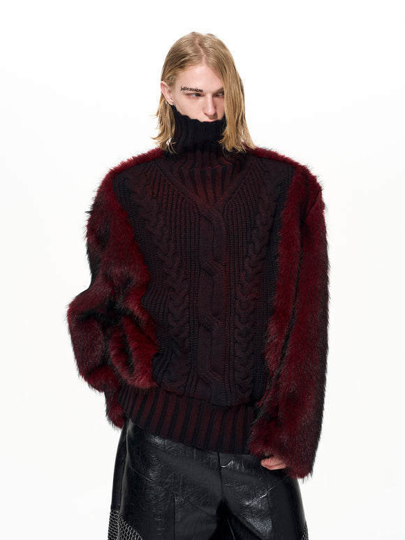 Suéter Cuello Alto Estampado Leopardo con Paneles de Pelaje Lujo para Hombre