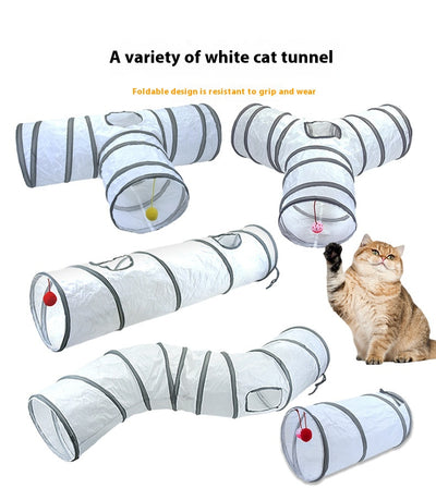 White cat tunnel with dark grey trim, featuring a red and pink hanging toy, measuring 25cm by 50cm. - Image 18