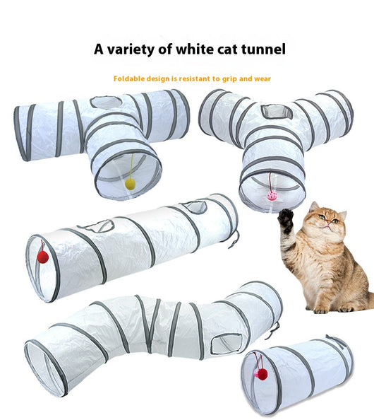 White cat tunnel with dark grey trim, featuring a red and pink hanging toy, measuring 25cm by 50cm. - Image 18