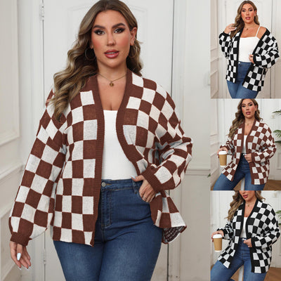 Suéter Cardigan Patchwork Contraste Cuadros Ajedrez Holgado Casual