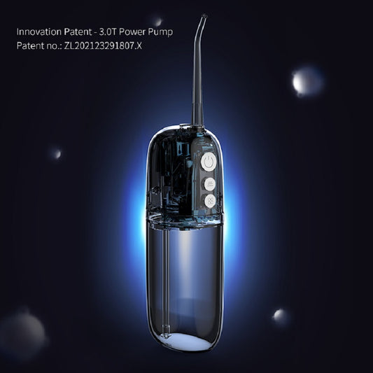 White and rose gold portable electric water flosser with a curved nozzle and volume markings for 160ml and 200ml. - Image 2