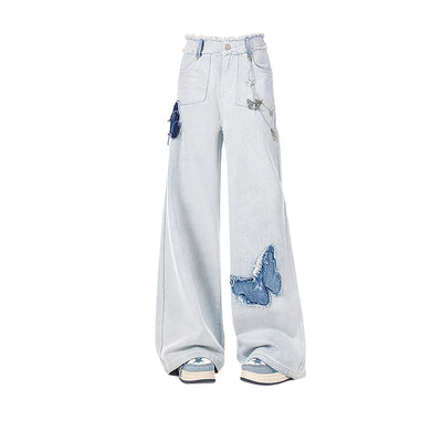 Pantalones Vaqueros Vintage con Bordado de Mariposas en Tela Pasta