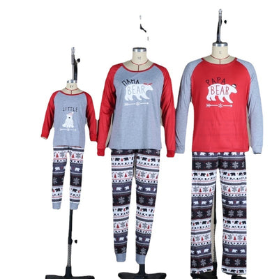 Children's grey and red long-sleeve pajama top with 'LITTLE BEAR' graphic and patterned winter-themed pants. - Image 4