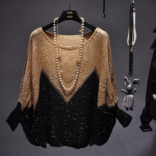 Suéter Suelto con Capa Murciélago y Lentejuelas Brillantes