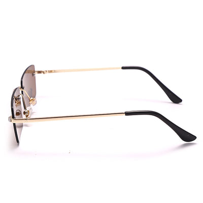 Frameless rectangular sunglasses with pink gradient lenses, gold-tone metal arms, and rhinestone embellishments. - Image 14