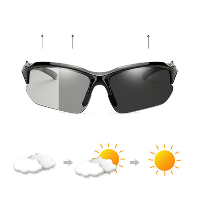 Black sports sunglasses with blue polarized lenses, shown from a front view and a three-quarter side view. - Image 13