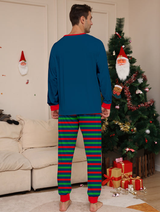 Child's blue long-sleeve Christmas pajamas with a dinosaur graphic and red and green striped pants. - Image 18