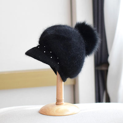 Gorro de Invierno con Pompón de Piel de Zorro y Perlas - Gorro de Punto Elegante para Mujer - Image 4