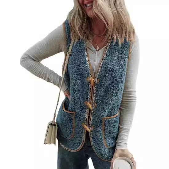 Chaleco Cardigan Sin Mangas de Contraste de Colores en Felpa para Mujer