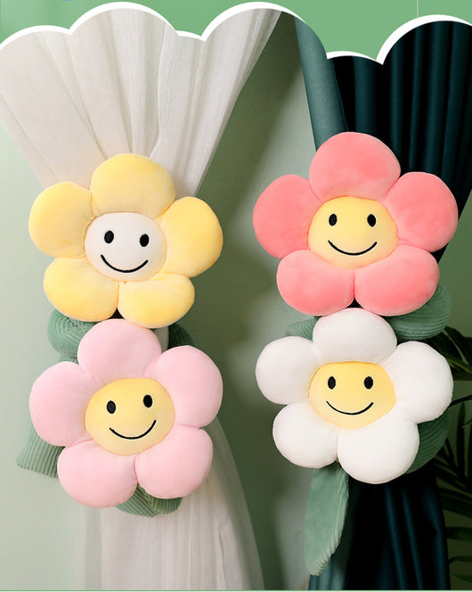 Plush white sunflower curtain buckle with a yellow smiley face center and green stem, holding back a dark green curtain. - Image 7