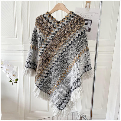 Poncho Tejido Étnico Mohair con Flecos - Capa Pullover para Mujer - Image 11