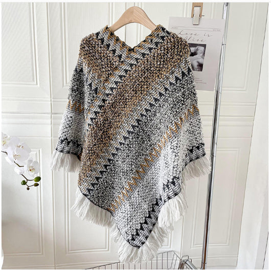 Poncho Tejido Étnico Mohair con Flecos - Capa Pullover para Mujer - Image 11