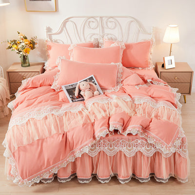 Juego de Cama Princesa Coreana con Falda de Encaje y Edredón de 4 Piezas - Image 9