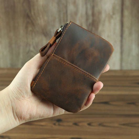 Monedero Compacto de Cuero Crazy Horse Estilo Retro para Hombre