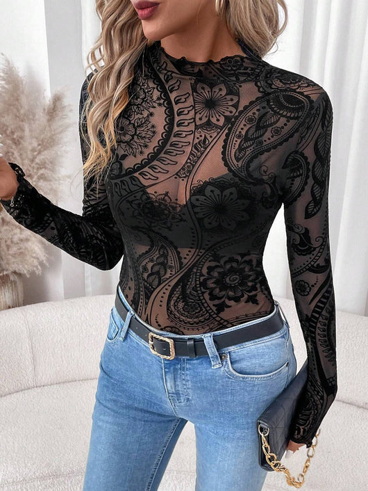 Blusa Manga Larga Estampado Paisley con Malla Texturizada - Image 12